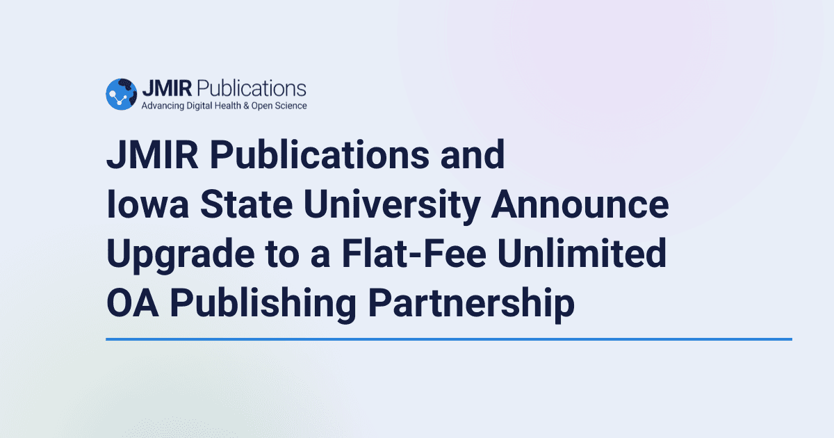 JMIR Publications, a leading open-access digital health research publisher, and Iowa State University are pleased to announce that they have modified their long-standing partnership from a multi-payor model to JMIR’s Flat-Fee Unlimited Open Access Publishing model.
