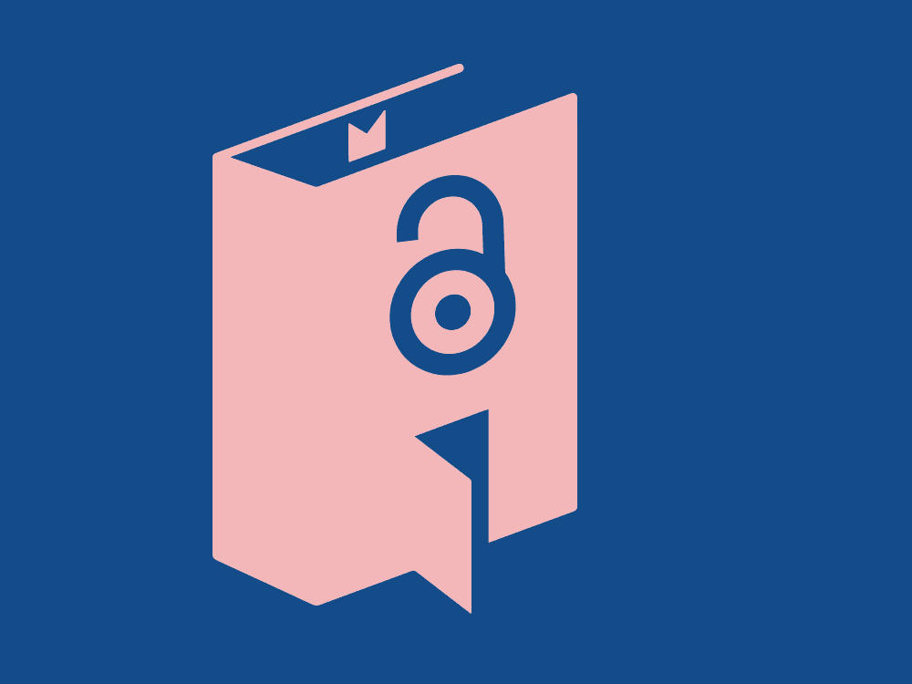 Image of a book with an open door and the open access logo included